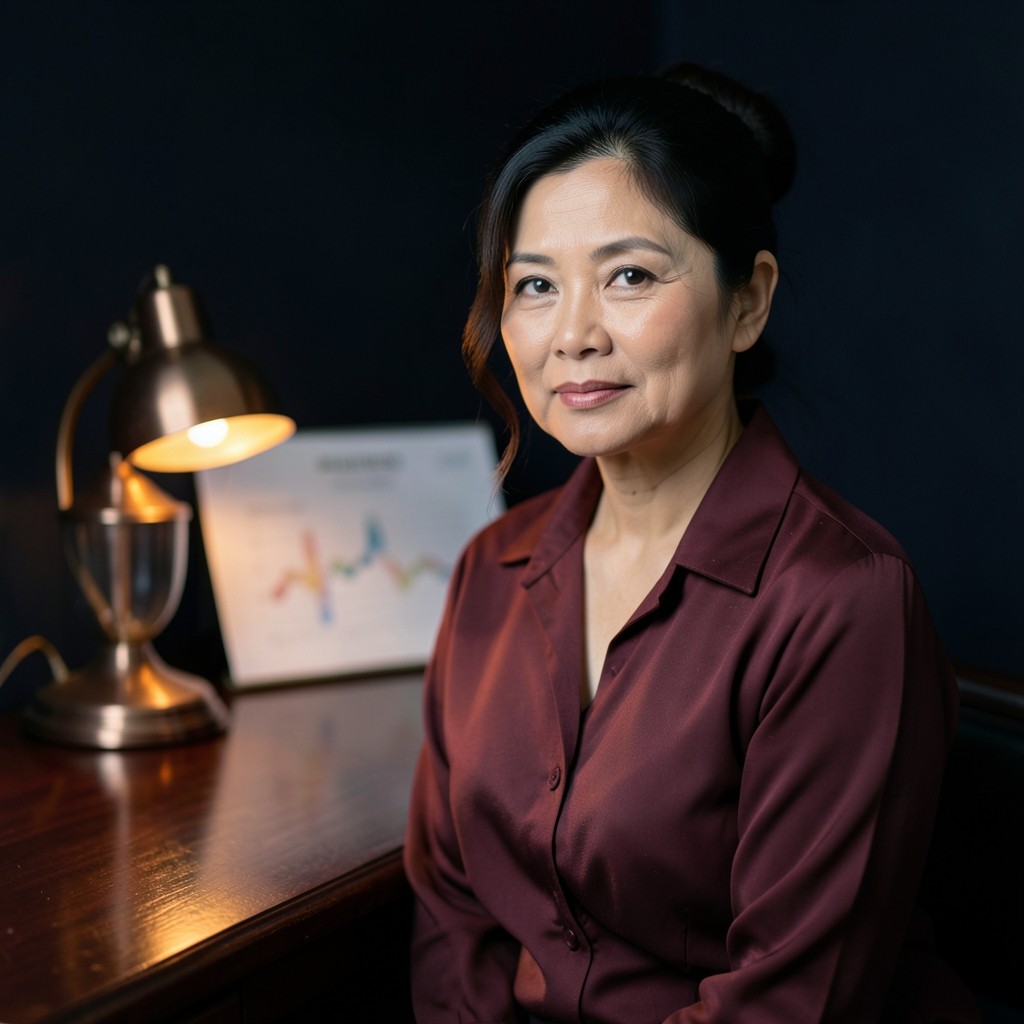 Portrait of Arisa Khemthong seated beside a copper lamp in a dark wood study