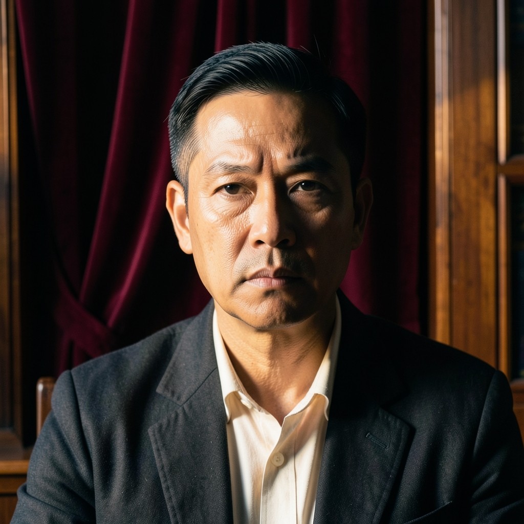 Portrait of Niran Sutham standing beside burgundy velvet curtains in warm copper light