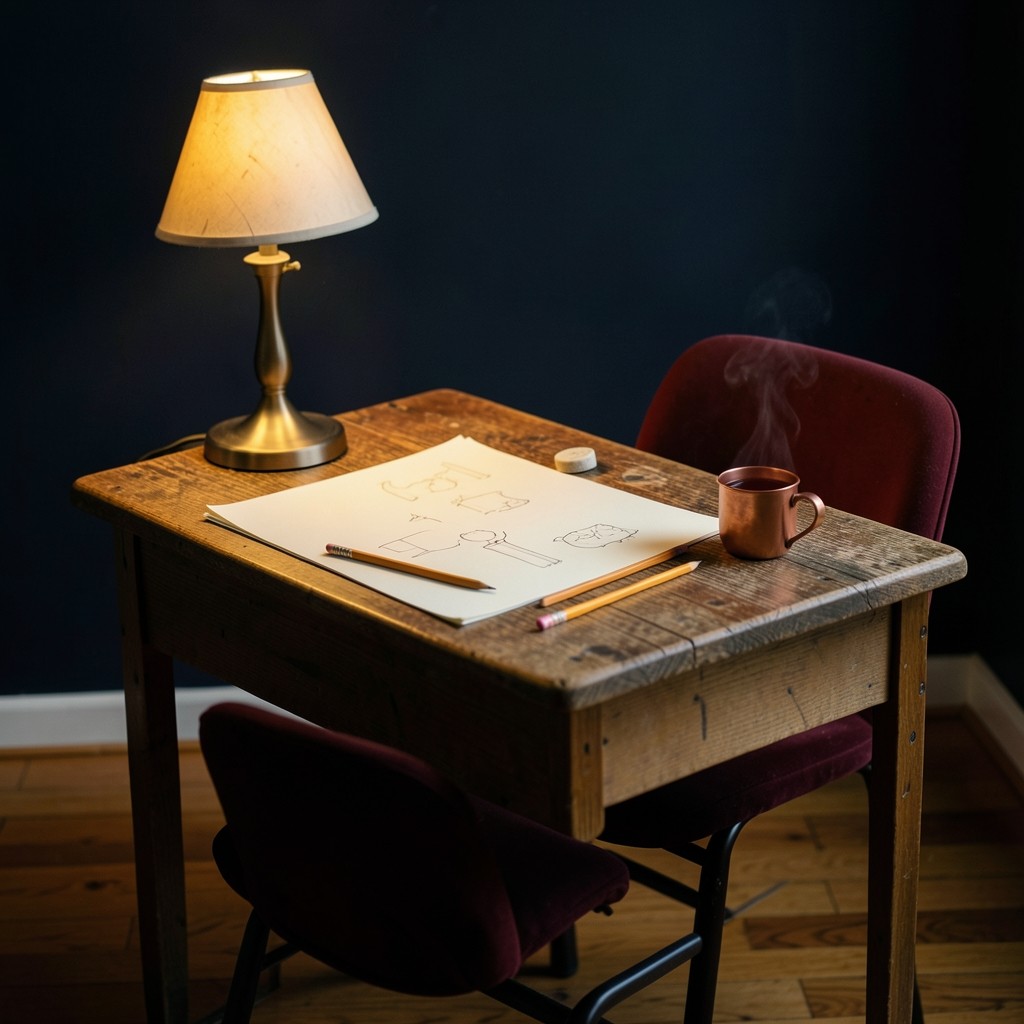 A student desk prepared for an evening class with chart paper, two pencils, an eraser, and a copper cup