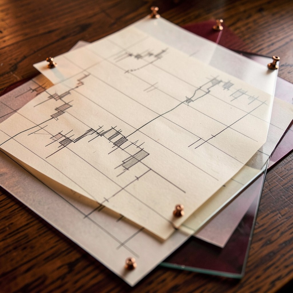 Stacked tracing sheets of candlestick charts aligned with copper pins on a dark wood desk