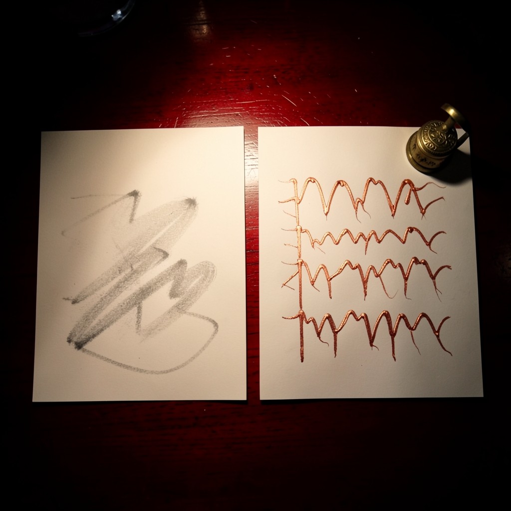 Two hand-drawn chart sheets side by side on dark wood, one broad daily range and one tighter sequence, under a copper lamp