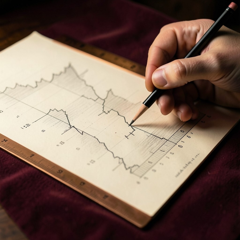 Close view of a hand-drawn weekly candlestick chart on ivory paper with a pencil and a copper ruler