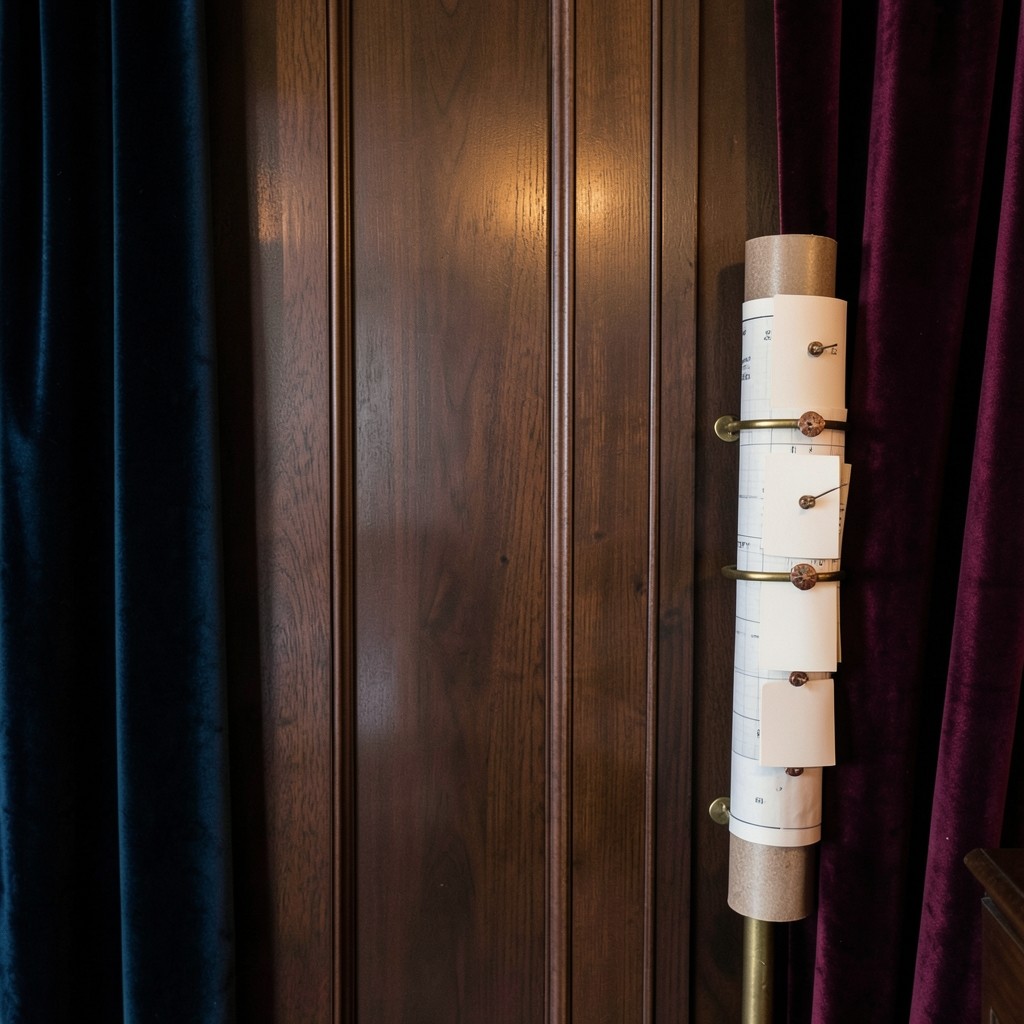 A dark wood wall with blank ivory cards held by copper pins beside a large chart sheet