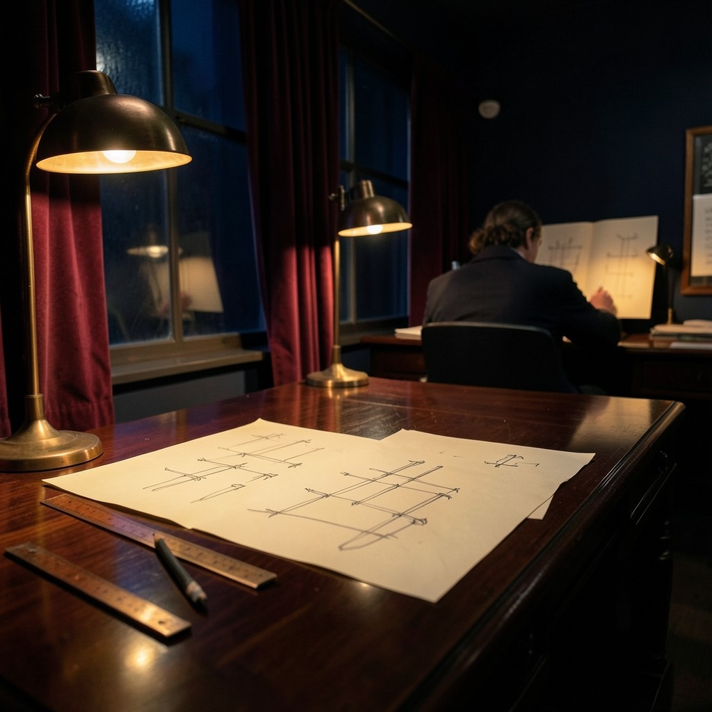 A person marking printed candlestick charts at a lacquered desk under copper light, with burgundy velvet curtains behind