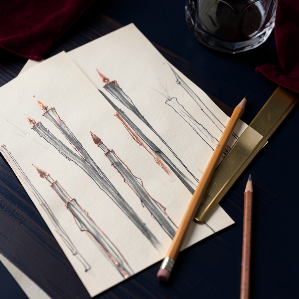 Three overlapping ivory chart sheets with hand-drawn candles on dark lacquered wood, beside a brass divider