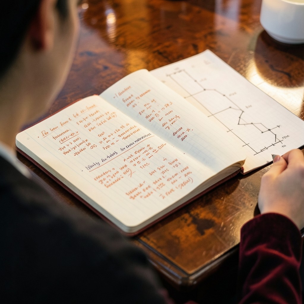 Over-the-shoulder view of a marked candlestick chart beside an open notebook on a lacquered desk