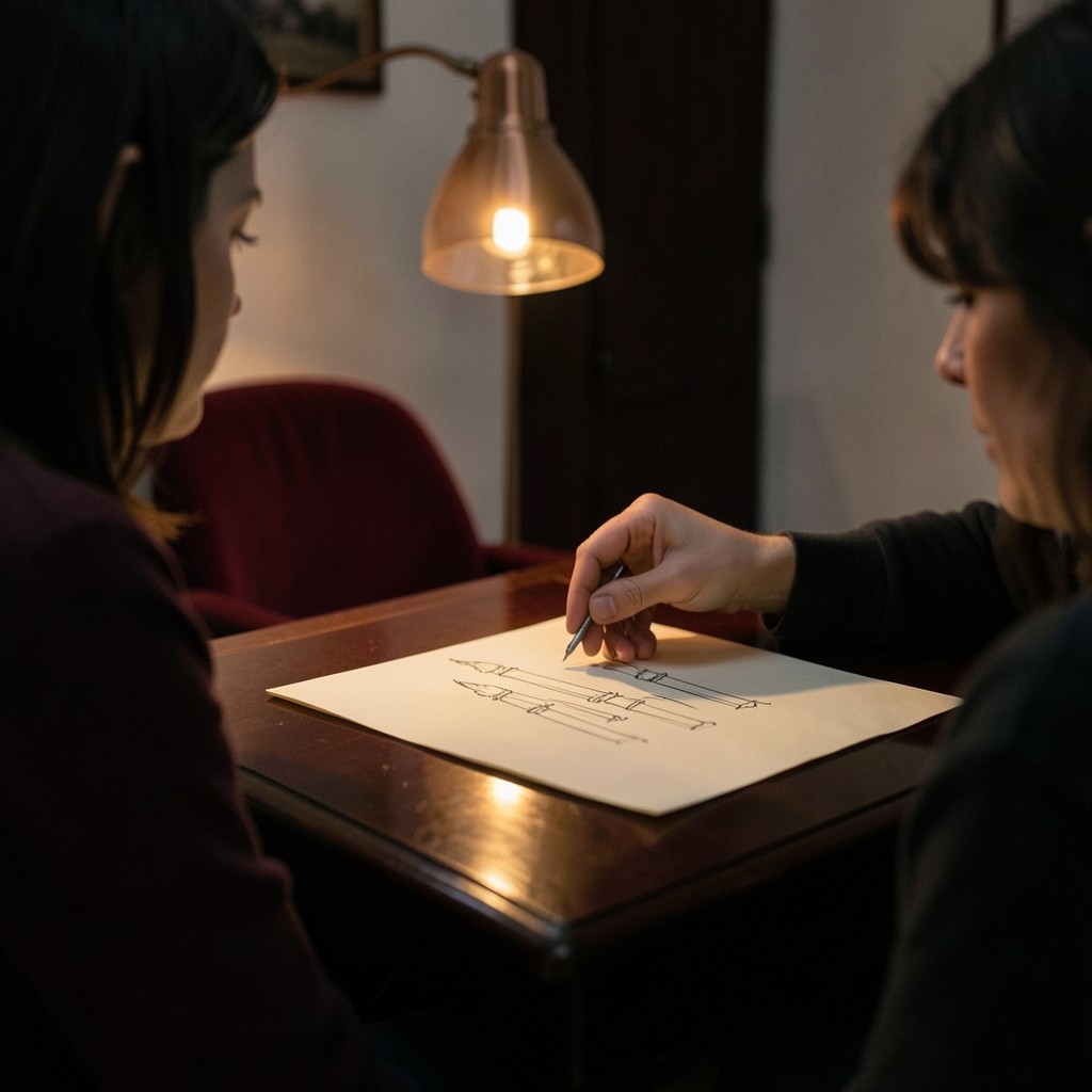 An instructor and a student leaning over a single hand-marked chart sheet at a small lacquered desk