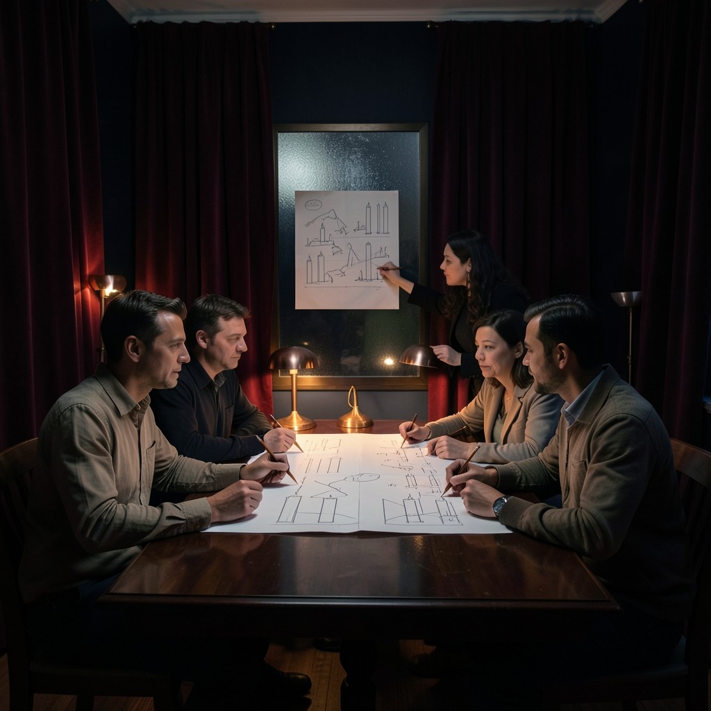 Adults seated along a dark wood table in a velvet room, studying large paper candlestick charts under copper lamps