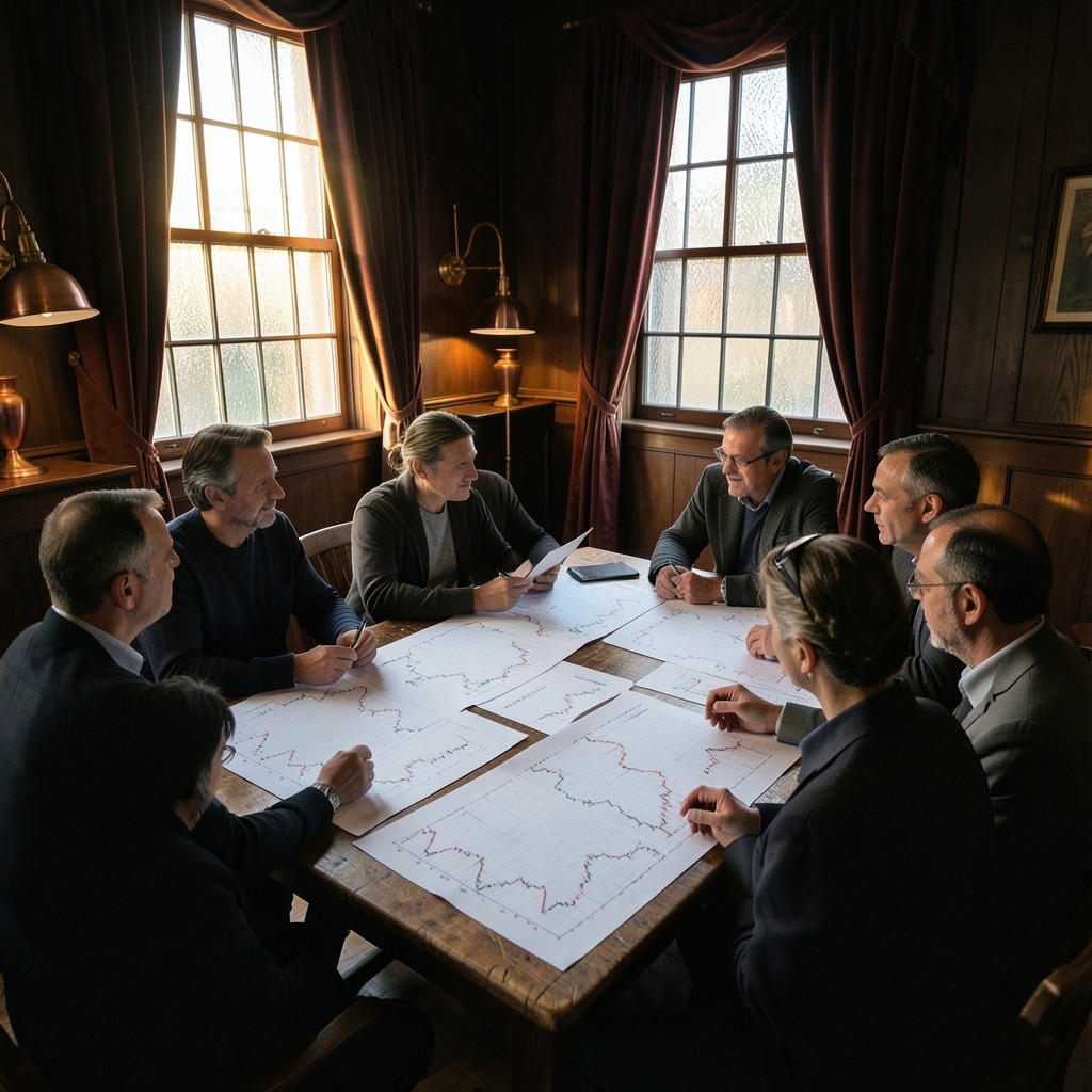 Adults around a dark wood table comparing large weekly chart sheets in a room with velvet drapes and copper lamps